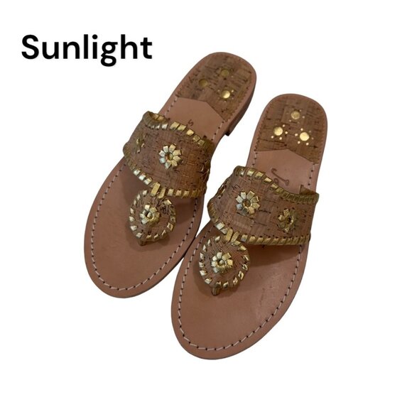 Jack Rogers Womens 6M Gold Cork Leather Sandal Slip-On 1'' Block Comfort Heeled - Picture 1 of 16